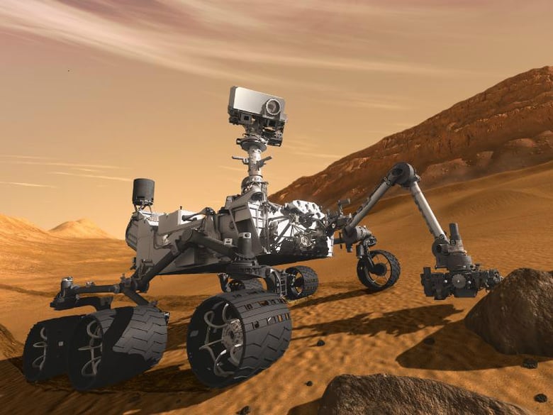 This artist concept features NASA's Mars Science Laboratory Curiosity rover, a mobile robot for investigating Mars' past or present ability to sustain microbial life.